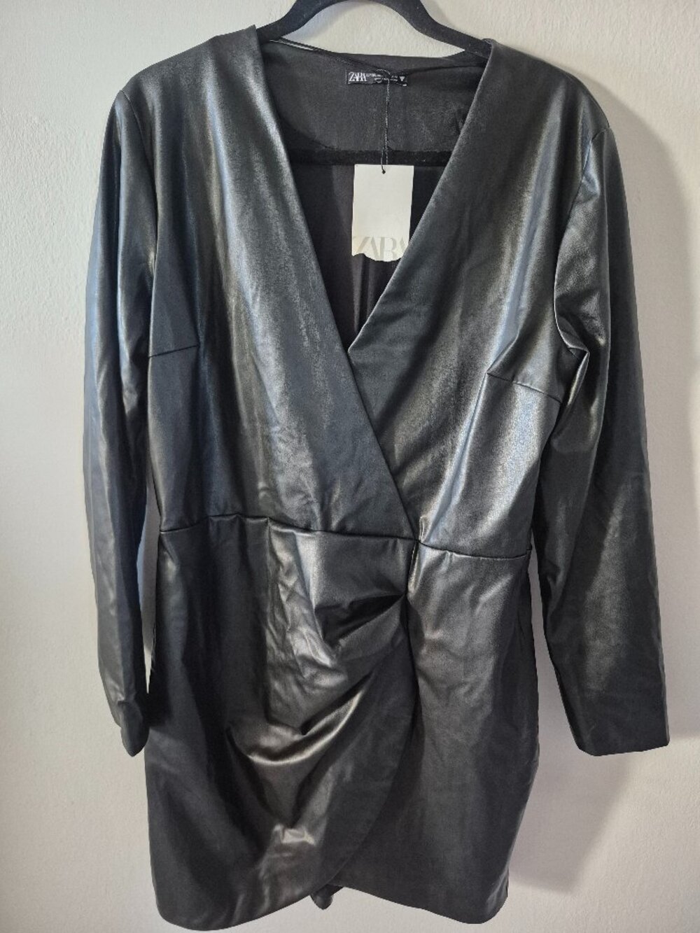 NWT Zara Black Faux Leather Draped Mini Dress XXL